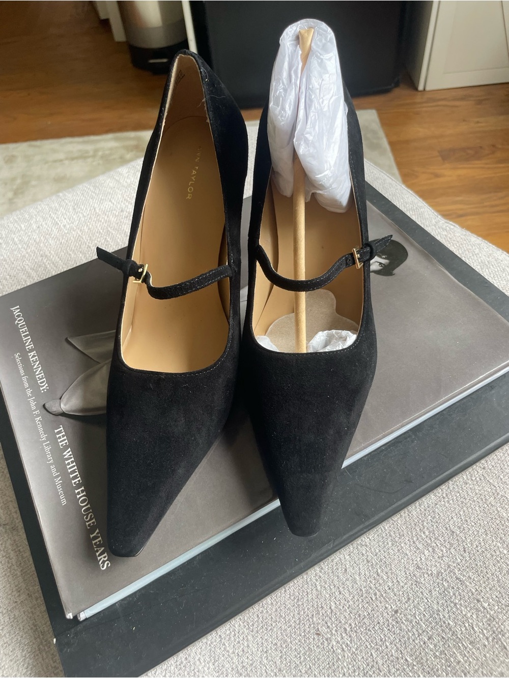 Ann Taylor Black Suede Mary Jane Pointed Pumps with Ankle Strap